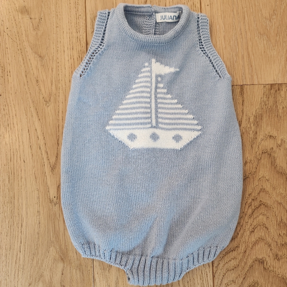 Juliana Blue Knit Baby Romper with Sailboat Design NWOT